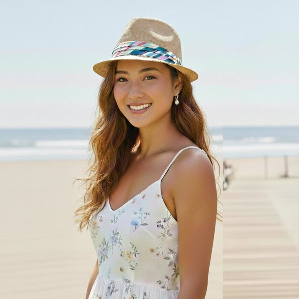 NWOT Classic Fedora Straw Hat Resort Beach 100% Cotton Trim Cool Preppy Happy